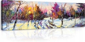 Vászonkép 145x45 Téli erdő naplemente hó fák levelek nélkül nyugalom csend