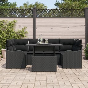 7 részes kerti kanapészett párnákkal, fekete poli rattan, 2 fős kerti kanapé párnákkal, fekete poli rattan
