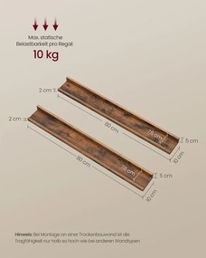 VASAGLE 2 részes falipolc szett peremmel, 80 cm, rusztikus barna