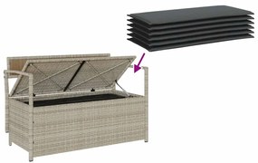 világosszürke polyrattan kerti tárolópad párnával