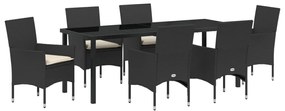 7 részes kerti étkező szett párnákkal fekete polirattannal, Kerti asztal fekete 200x80x73 cm edzett üveggel