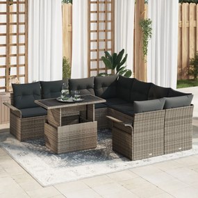9 darabos kertibútor szett párnákkal, szürke poly rattan, 2 személyes kertibútor tárolóval és párnákkal, szürke poly rattan