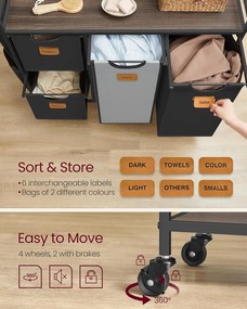 Szennyeskosár 4 rekesszel, 150 l-es ruhaválogató, fekete-szürke