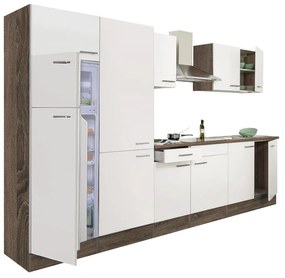 Yorki 330 konyhablokk yorki tölgy korpusz,selyemfényű fehér fronttal polcos szekrénnyel és felülfagyasztós hűtős szekrénnyel