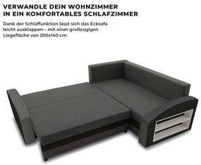 Grande sarokkanapé polcokkal , polc a jobb karfaban, jobboldali, szövet anyag, bonell töltet, szürke - fekete