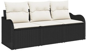 3 részes kert kanapé szett párnákkal fekete poli rattan, 2 személyes kert kanapé tárolóval és párnákkal fekete poli rattan