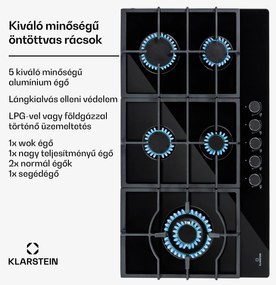 Klarstein Ignito Chef Edition, 5 zóna, gáz főzőlap, 5 égő, Sabaf égők, üvegkerámia felület