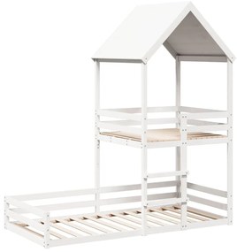 fehér tömör fenyőfa ágy emelettel és tetővel 90 x 200 cm