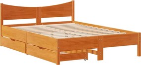 vidaXL viaszbarna tömör fenyőfa ágykeret fiókokkal 135 x 190 cm