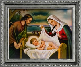 Vászonkép 26x31 Szent Család Jézus Krisztus József Mária Ezüst Díszített Keret
