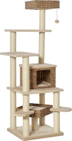 PawHut Rattan Macskafa Macskaodúval Több szintes Macskafalmászó Fa Macskáknak E1 MDF Szizál Beige+Barna 55 x 55 x 174 cm | Aosom