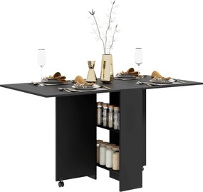 HOMCOM Összecsukható Étkezőasztal Konyhai Asztal Kerekekkel, Összecsukható Szárnyakkal és Polcokkal 4-6 Fő Részére 75x140x74 cm Fekete | Aosom