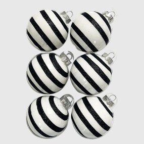 Black Glitter Stripe kézzel festett fehér-fekete üveg karácsonyi gömb szett 6*7cm