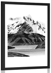 Poszter paszportuval gyönyörű hegyi táj fekete-fehérben