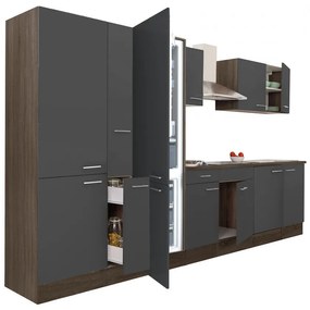 Yorki 360 konyhablokk yorki tölgy korpusz,selyemfényű antracit fronttal polcos szekrénnyel és alulfagyasztós hűtős szekrénnyel