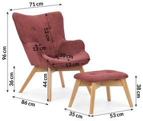 Piros kordbársony fotel lábtartóval Niko – Ropez