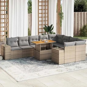 10 részes bézs polyrattan akácfa kerti ülőgarnitúra párnával