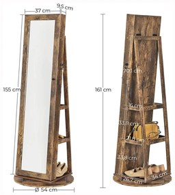 Álló ékszerszekrény, 360°-ban forgatható, zárható, tükörrel, rusztikus barna 162x55x55cm