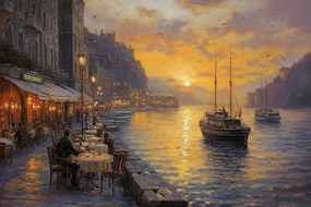 Vászonkép Canvas Város Sétány Csatorna Víz Hajók Kávézó 120x80