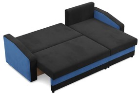 Hewlet sarokkanapé, 2 ágyneműtartóval, szövet anyag, univerzális oldal, hab töltet, fekete - kék