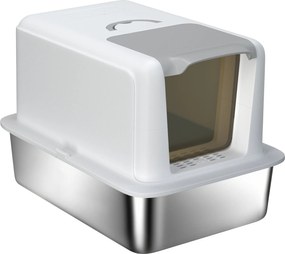 PawHut Macska Alomtálca Rozsdamentes Acél Fedővel, Macska WC Tálcával, Beépített Alom Szűrő, Lapátot Tartalmaz, Nagy Macskák Számára, Fehér | Aosom