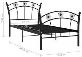 fekete fém ágykeret focis dizájnnal 90 x 200 cm