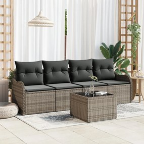 5 Darabos Kert Szófa Készlet Párnákkal Szürke Poli Rattan, 2-Személyes Kert Szófa Párnákkal Szürke Poli Rattan