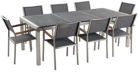 Nyolcszemélyes fekete gránit étkezőasztal szürke textilén székekkel GROSSETO Beliani