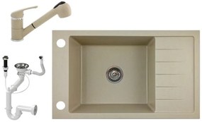 Gránit mosogató NERO Grande + kihúzható Shower csaptelep+ dugóemelő + szifon - bézs