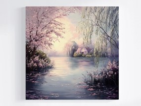 Canvas Vászonkép Tájkép Tavasz Víz Tó Fűzfa Cseresznye 80x80