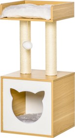 Pawhut Macska Búvóhely 2 Puha Párnával, Macskafa Macskaágy Játék Gömbbel, Természetes Szizál 35 x 35 x 81 cm | Aosom