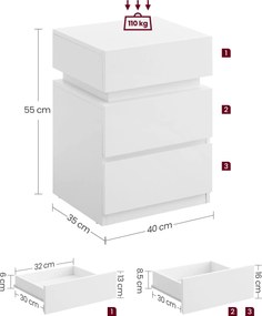 Éjjeliszekrény 2 db-os szett, LED-világítással, 35×40×55 cm, felhőfehér