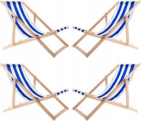 4X Összecsukható Fa Kerti Napozóágy Woodok Kék Csíkokkal