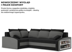 Grande sarokkanapé polcokkal , polc a jobb karfaban, baloldali, szövet anyag, hab töltet, fekete - szürke