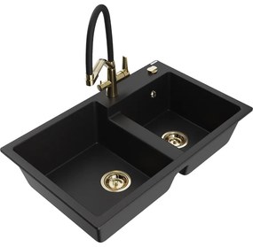 Mexen Tomas 2-kamrás gránit mosogató Duo konyhai csappal, fekete - 6516-77-671701-57-G