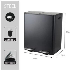 Matt fekete acél szelektív pedálos szemetes 2x20 l Aliya – Spirella