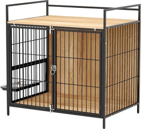 PawHut Modern Oldaltábla Kutya Ketrec Forgatható Etető Állomással 2 Tál 2 Ajtóval és Felső Tároló Polccal Közepes Kutyák Számára 80x56x76,5 cm Tölgy |