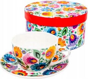 Małgosia fehér csésze díszdobozban łowickie virágmintával 300 ml, porcelana