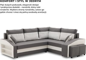 Grande sarokkanapé polcokkal és puffokkal , polc a bal karfaban puffok a jobb karfaban, jobboldali, szövet anyag, bonell töltet, szürke - fehér