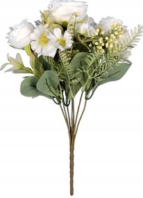 7 Rózsás Csokor Fehér Művirág Kiegészítőkkel Élő Dekoráció 30CM