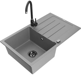 Mexen Bruno, 1 kamrás gránit mosogató lefolyóval 795x495x200 mm fekete Telma konyhai csapteleppel, szürke, 6513-71-670200-70-B