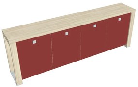 Verno+ S alacsony szekrény 260 x 46 x 90 cm, üvegajtó, akác / piros