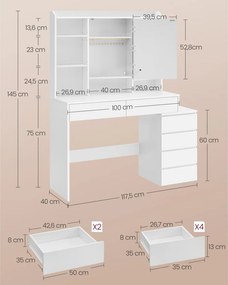 Fésülködőasztal LED-es tükörrel, modern stílus, felhőfehér