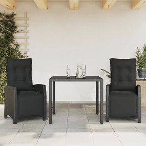 3 részes fekete polyrattan kerti étkezőgarnitúra párnákkal
