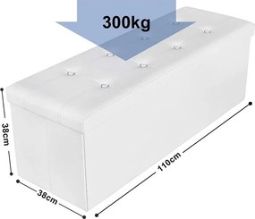 Puff 38 x 110 x 38 cm, műbőr összecsukható tároló ottomán pad, fehér