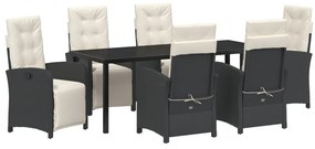 7 Darabos Kerti Étkező Szett Párnákkal, Fekete Poli Rattan, Kerti Asztal Fekete 200x80x73 cm Edzett Üvegből
