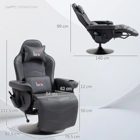 HOMCOM Prémium Gamer Szék, masszázs funkció, dönthető háttámla, lábtartó, acél keret, műbőr, fekete