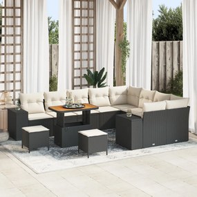 12 darabos kerti sofa készlet párnákkal fekete poly ratán akác, 3 darabos kerti étkező készlet párnákkal fekete poly ratán akác