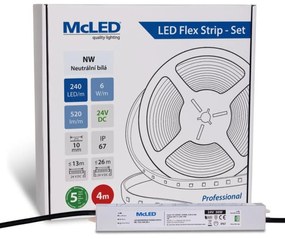 McLED  LED szalag - készlet 4 m, 240 LED/m, NW, 6 W/m, DC 24V, 520 lm/m, CRI90, IP67, 10 mm, Vezető 3 m ML-126.033.90.S04001