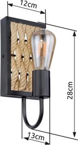 Globo 15679W Falikar fekete fém vázzal, barna kenderkötél fonattal. SZxM:120x280, AL:130, fényforrás nélkül 1xE27 40W 230V